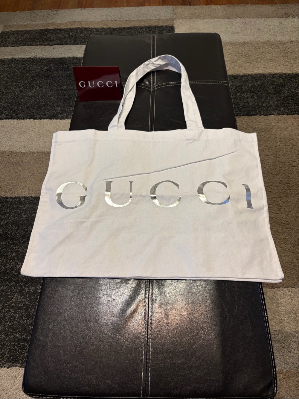 Gucci White Canvas Shopping Tote with Silver Logo + Receipt Holder (Authentic)